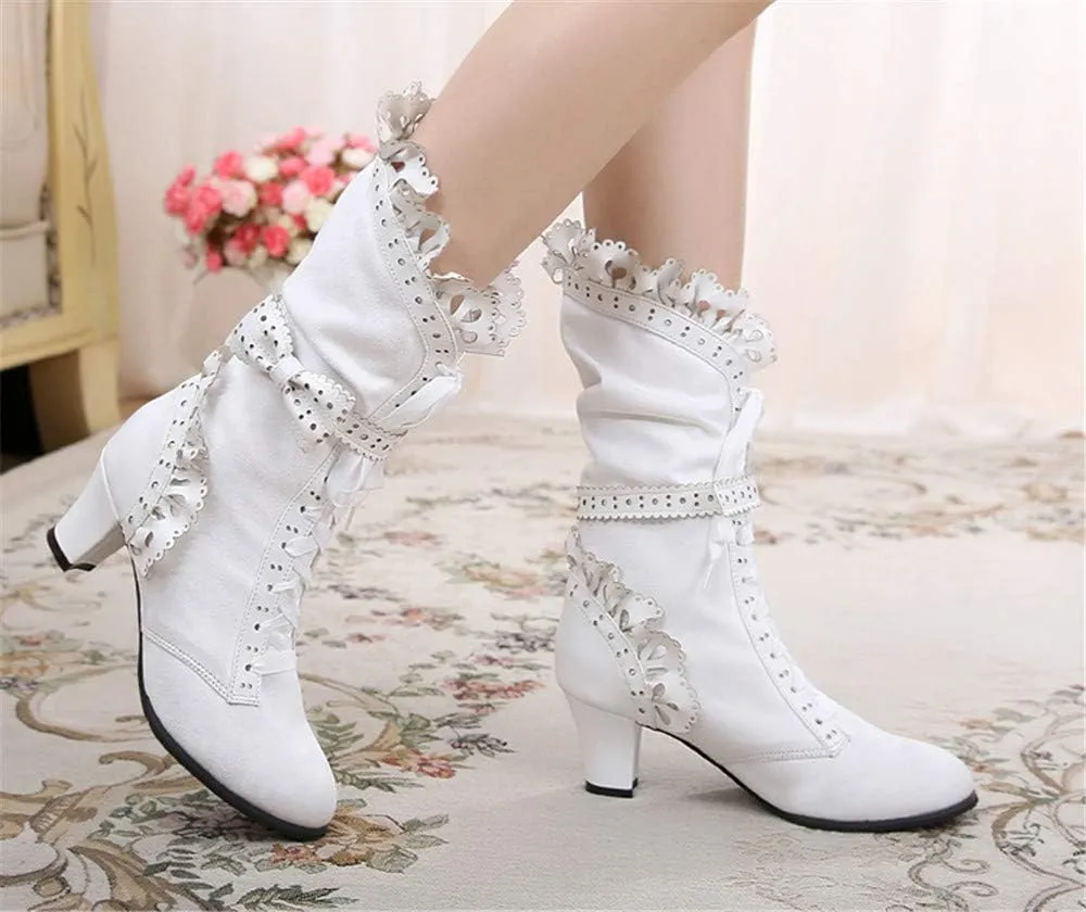 Lorie & Knight Women's Faux Suede Lace Up Wedding Victorian Inspired Mid-Calf Boots