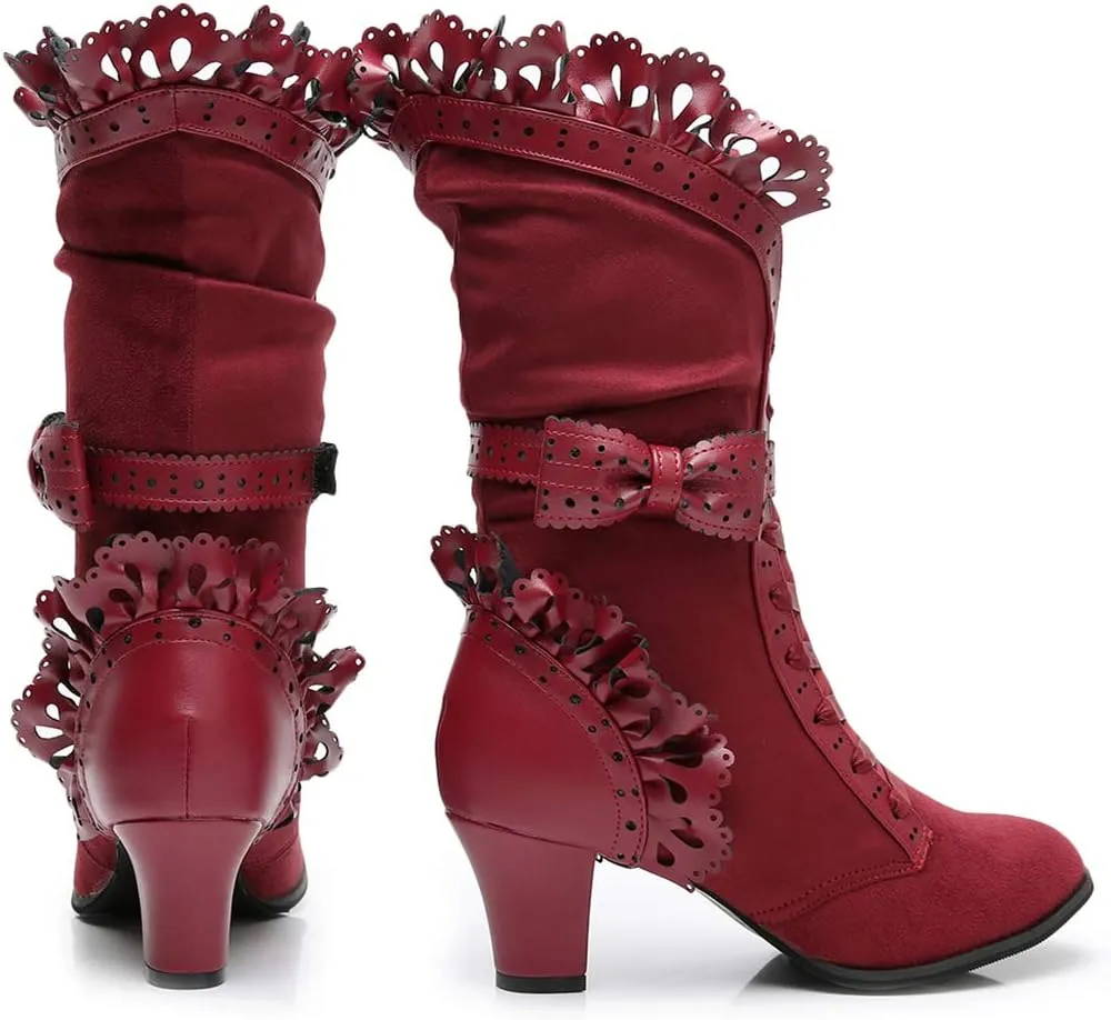 Lorie & Knight Women's Faux Suede Lace Up Wedding Victorian Inspired Mid-Calf Boots