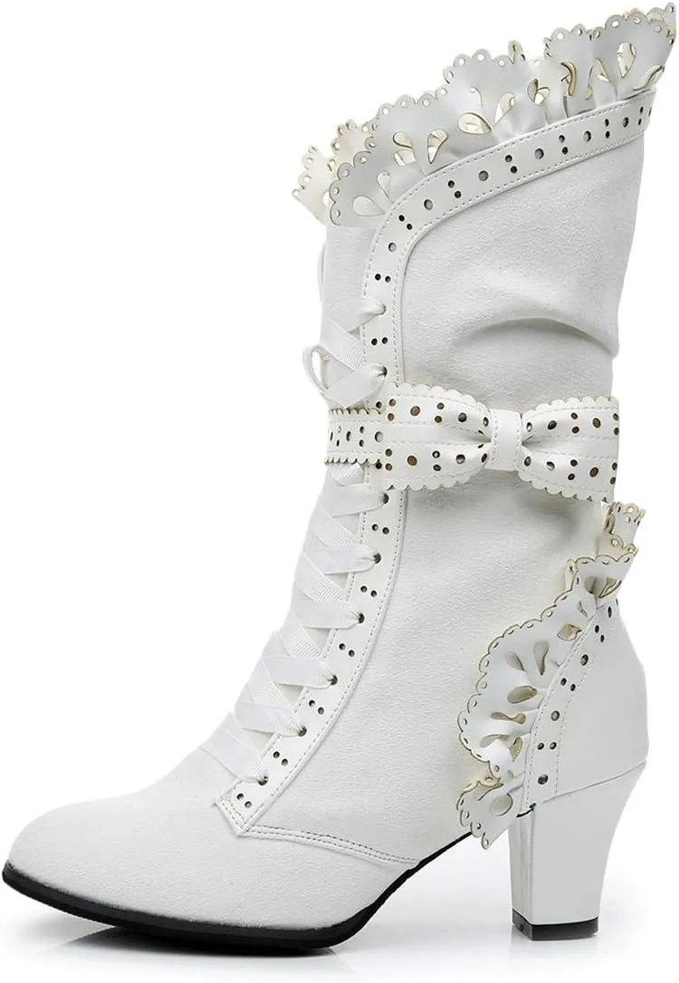 Lorie & Knight Women's Faux Suede Lace Up Wedding Victorian Inspired Mid-Calf Boots