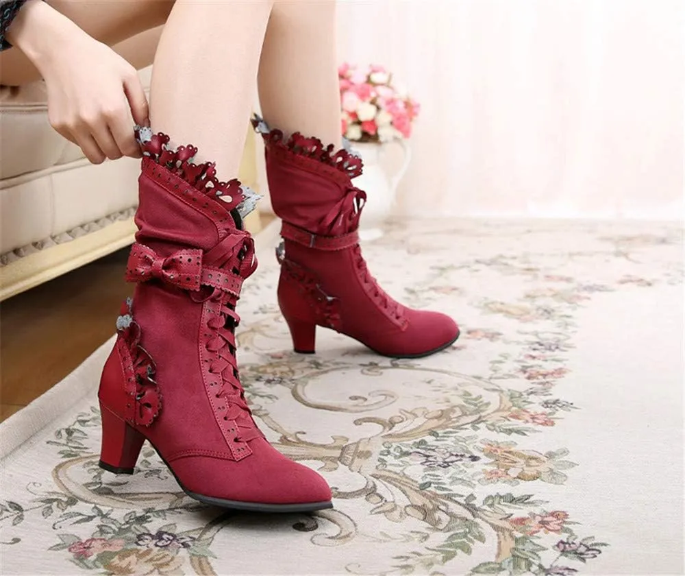 Lorie & Knight Women's Faux Suede Lace Up Wedding Victorian Inspired Mid-Calf Boots