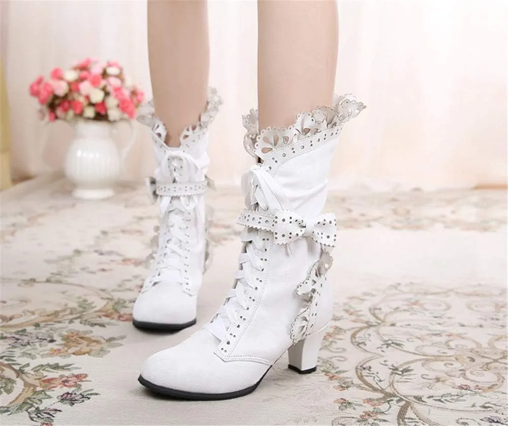 Lorie & Knight Women's Faux Suede Lace Up Wedding Victorian Inspired Mid-Calf Boots