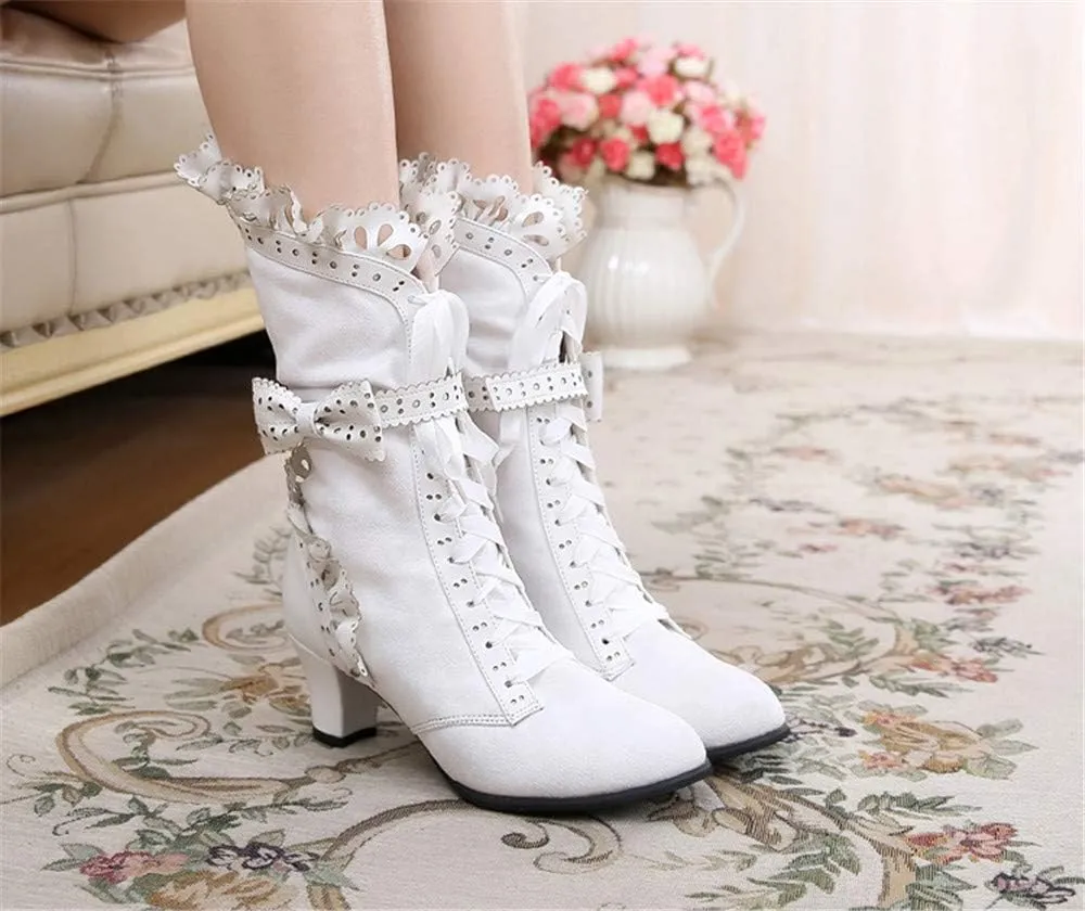 Lorie & Knight Women's Faux Suede Lace Up Wedding Victorian Inspired Mid-Calf Boots