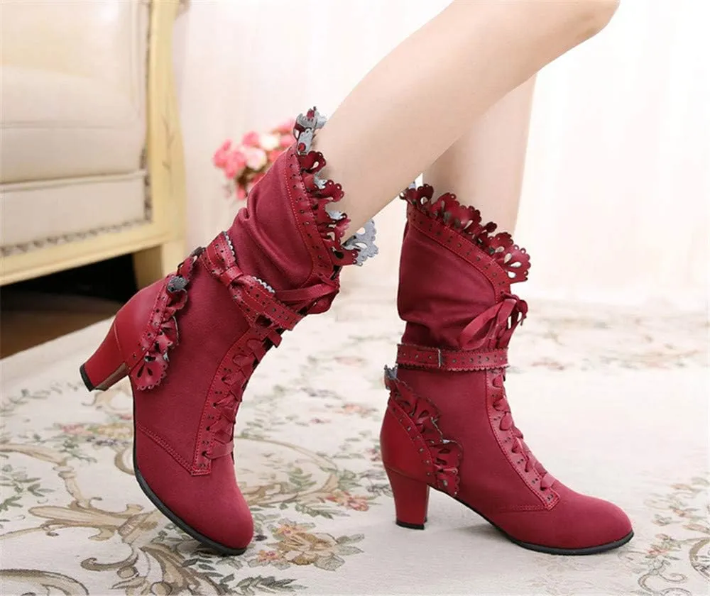 Lorie & Knight Women's Faux Suede Lace Up Wedding Victorian Inspired Mid-Calf Boots