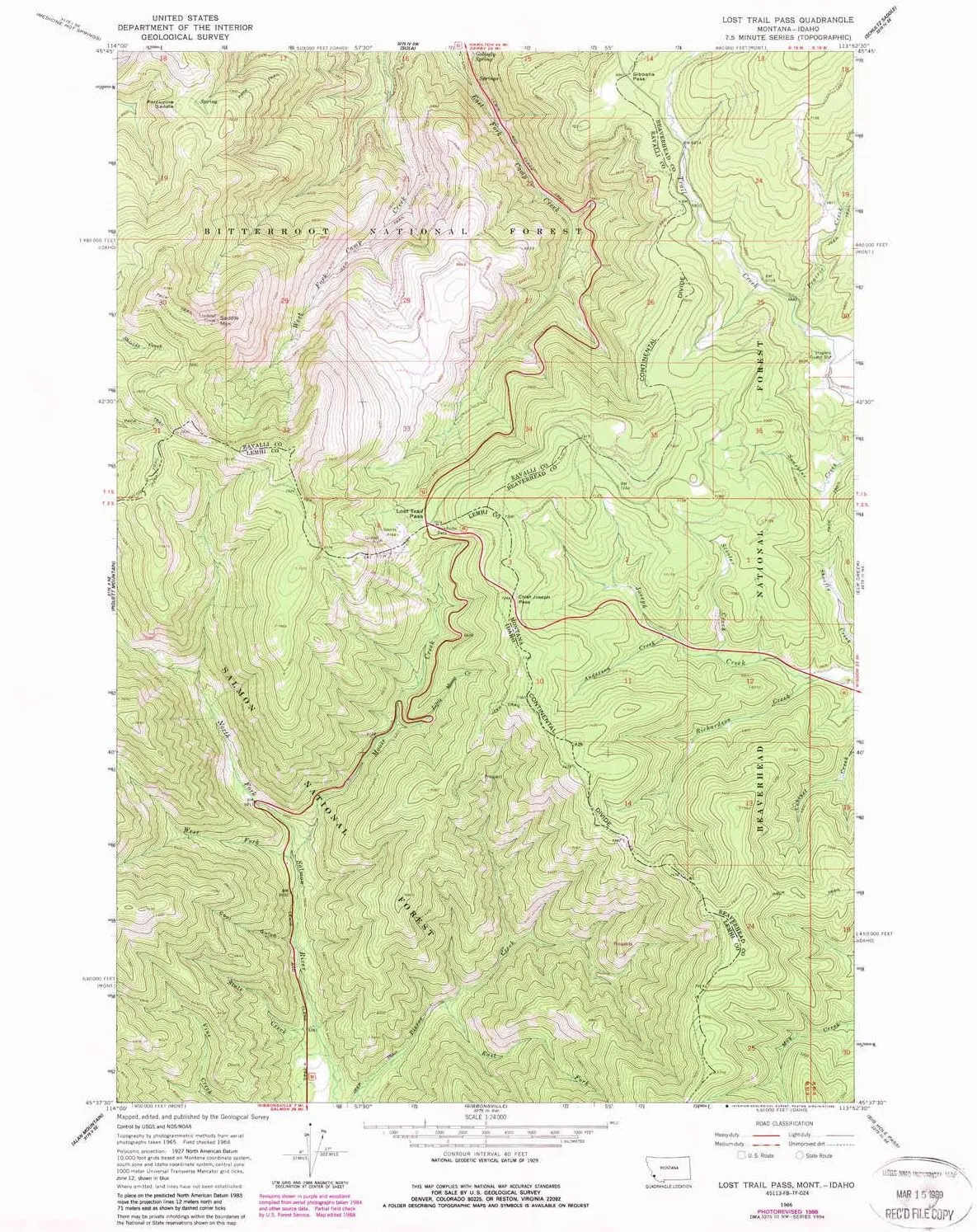 Lost Trail Pass MT topo map, 1:24000 Scale, 7.5 X 7.5 Minute, Historical, 1966, Updated 1989, 26.8 x 22 in