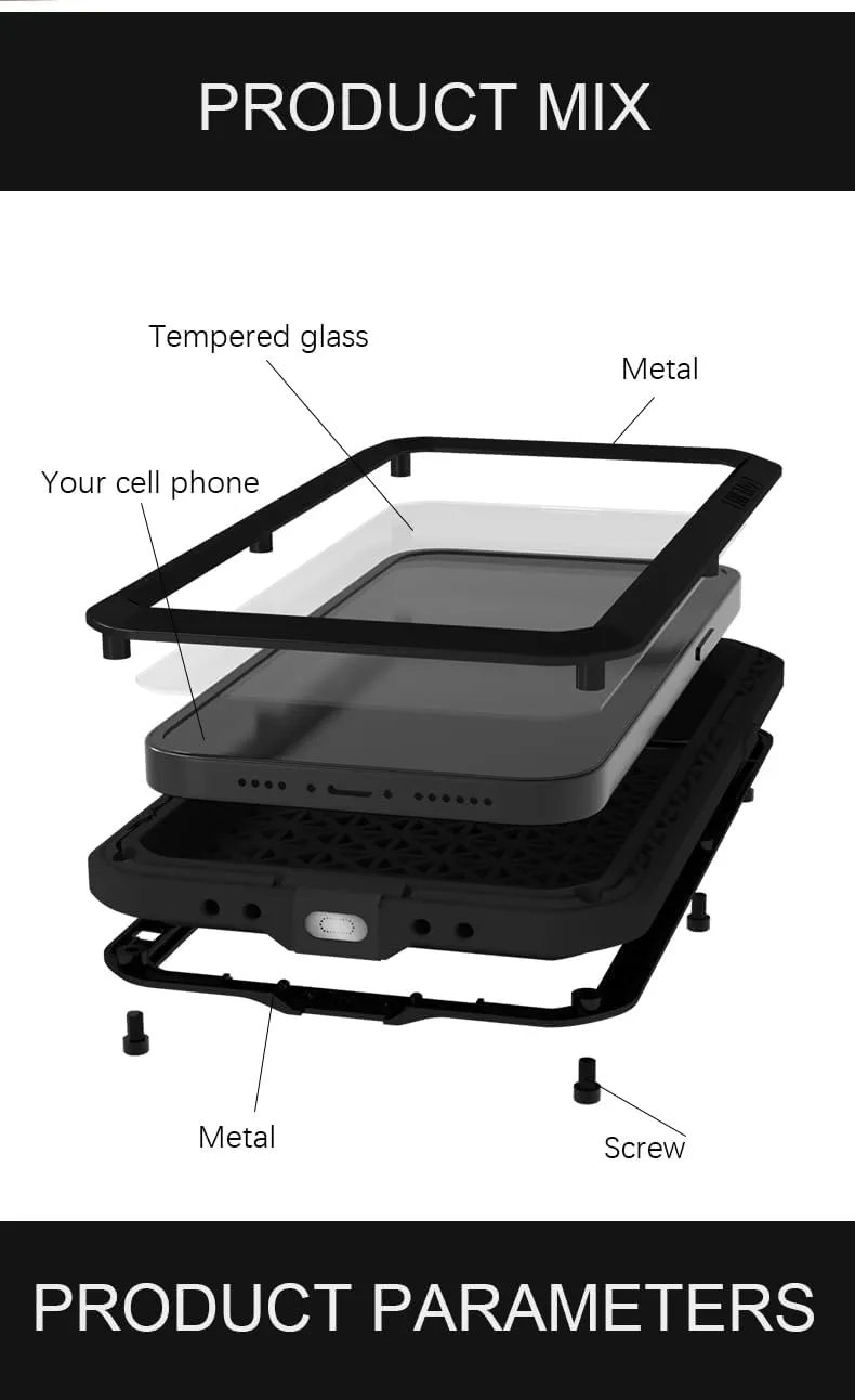 LOVE MEI for iPhone 16 Metal Case, Outdoor Heavy Duty Rugged Full Body Protection Case Military Armor Bumper Aluminum Metal Dust/Shockproof Case with Tempered Glass for iPhone 16 (Black)