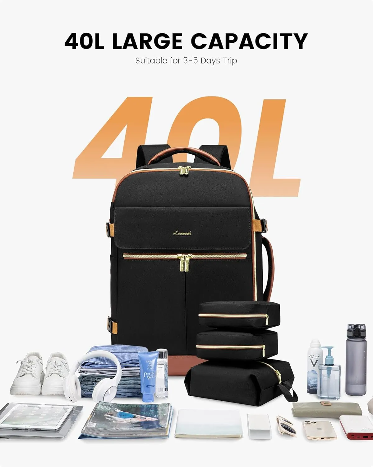LOVEVOOK Carry On Backpack, 40L Travel Backpack Women with 3 Packing Cubes, TSA Airline Approved Suitcase Bag as Personal Item, Waterproof 17.3 inch Laptop Backpack for Weekender Overnight,Black-Brown