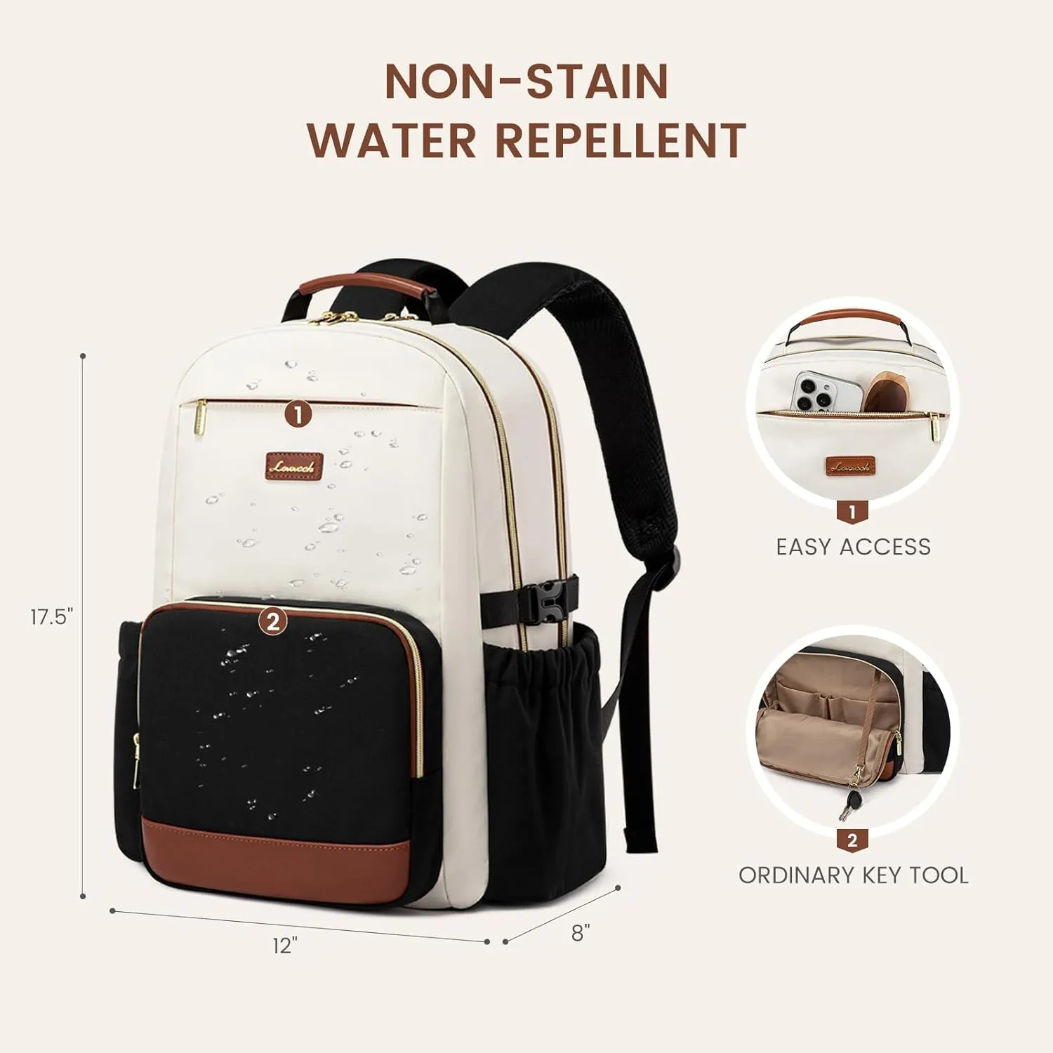 LOVEVOOK Laptop Backpack for Women with Pouch Pocket for Large Capacity Cup,15.6 Inch Laptop Computer Bag Travel Backpack Purse,Waterproof Work Business Backpack College Teacher Bag,Beige-Brown-Bbrown