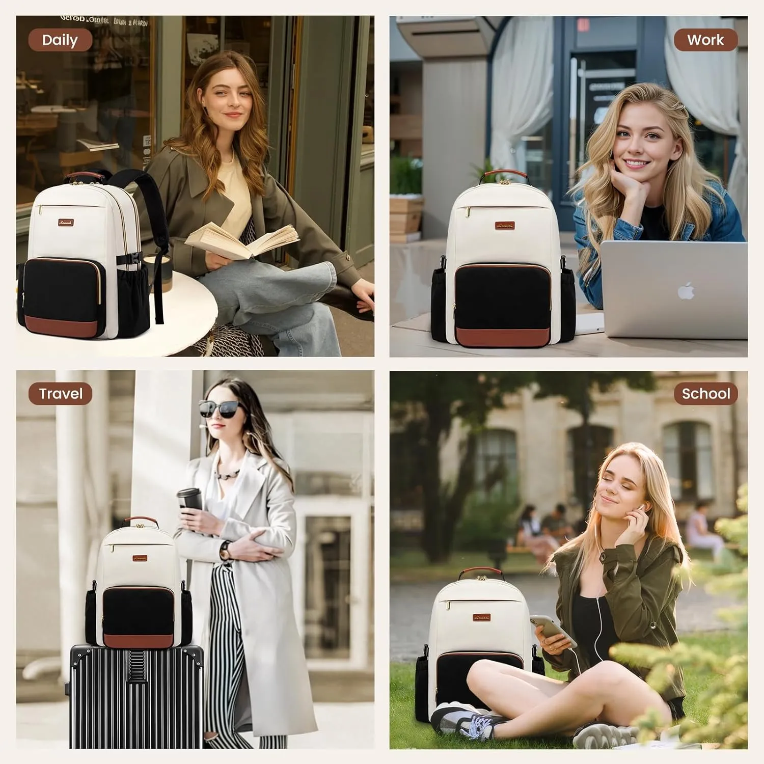 LOVEVOOK Laptop Backpack for Women with Pouch Pocket for Large Capacity Cup,15.6 Inch Laptop Computer Bag Travel Backpack Purse,Waterproof Work Business Backpack College Teacher Bag,Beige-Brown-Bbrown