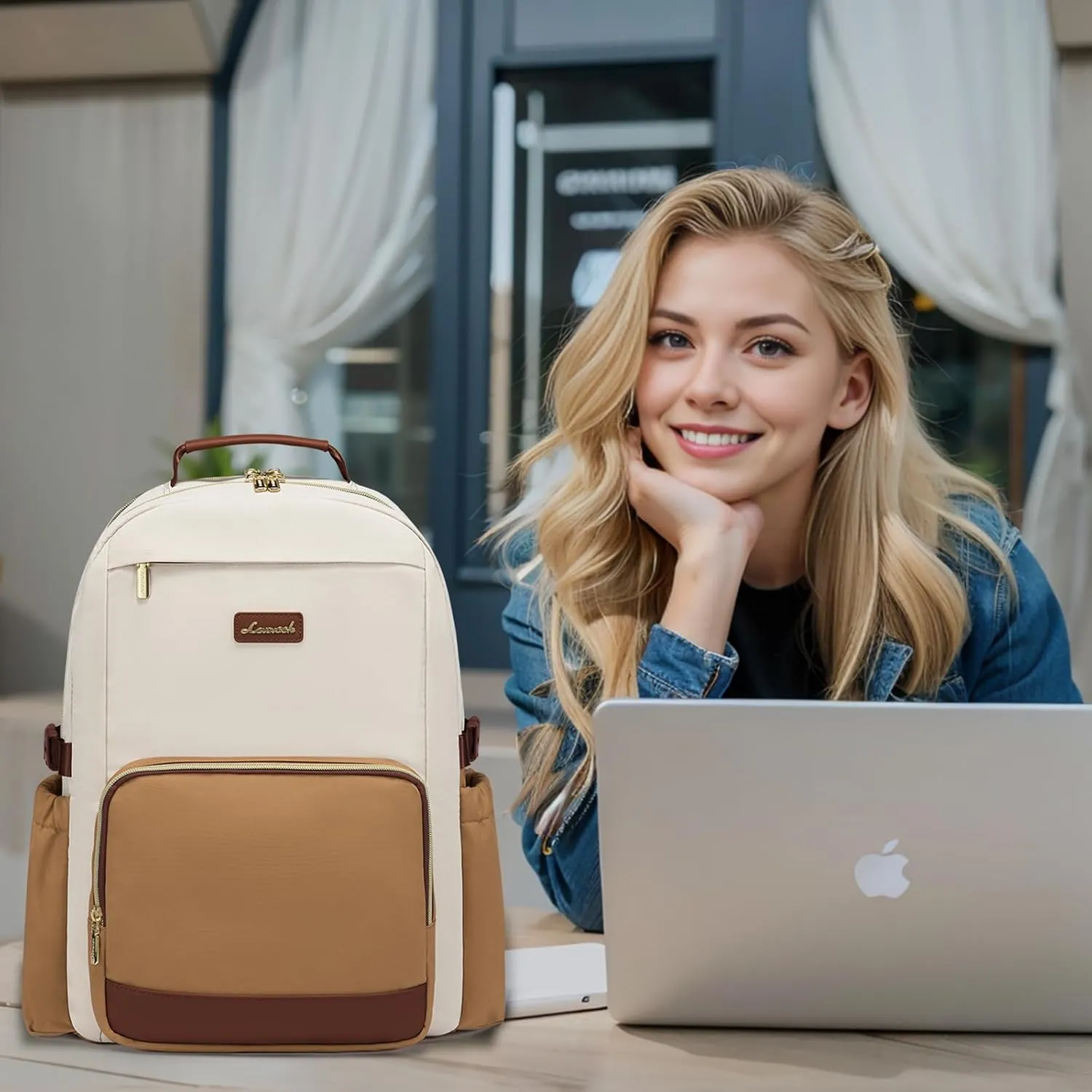 LOVEVOOK Laptop Backpack for Women with Pouch Pocket for Large Capacity Cup,15.6 Inch Laptop Computer Bag Travel Backpack Purse,Waterproof Work Business Backpack College Teacher Bag,Beige-Brown-Bbrown