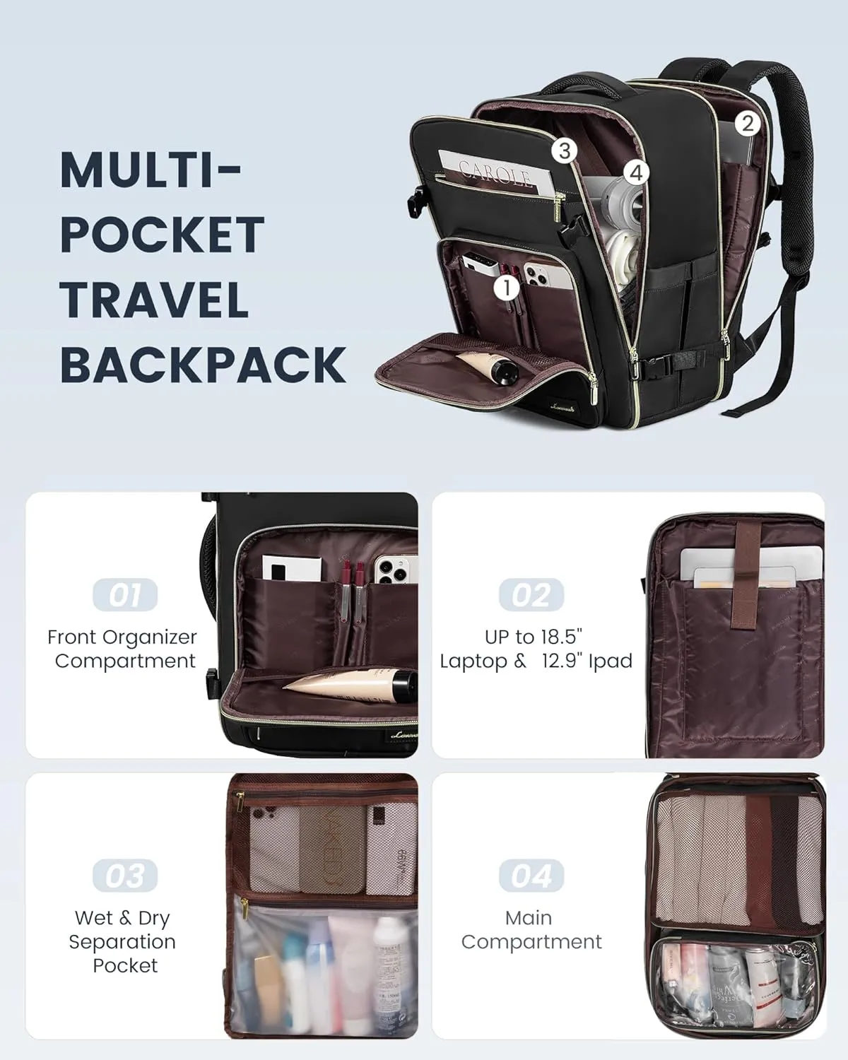 LOVEVOOK Travel Backpack For Women,50L Carry On Backpack Flight Approved,TSA Personal Item Travel Bag Fits 18 Inch Laptop,Business Weekender Overnight Daypack with Toiletry Bag and Cube,Black