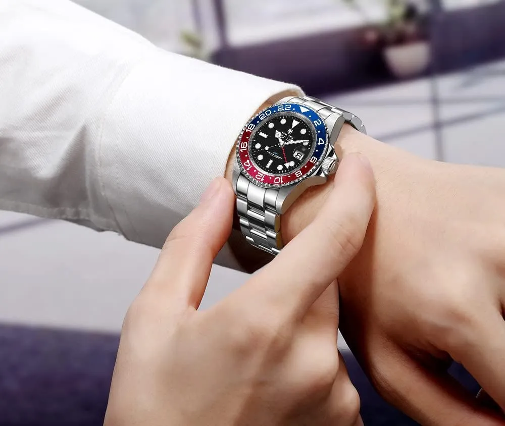 Luxury Men's GMT Automatic Watch Sapphire Waterproof Stainless Steel Luminous Business Watch