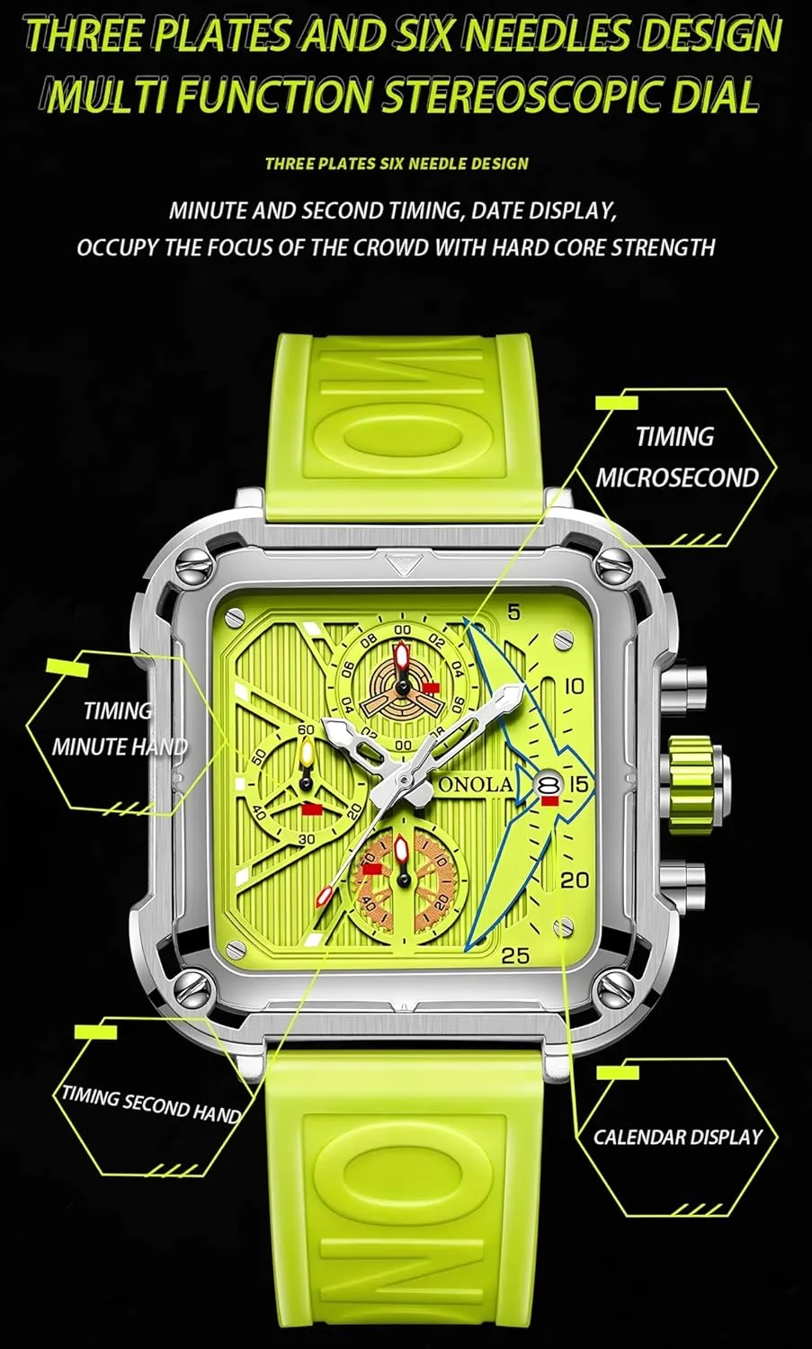 Luxury Watches for Men Silicone Strap Multifunctional Unique Square Design Fashion Quartz Sports Watch Men Waterproof