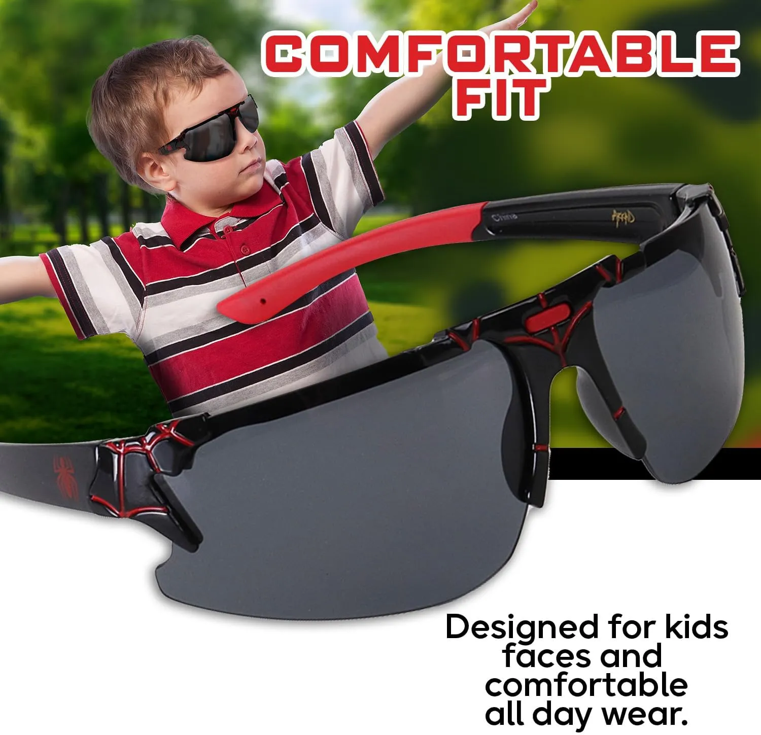 Marvel Spiderman Sunglasses for Kids - Stylish, Comfortable & Durable UV-Protective Spiderman Glasses With Soft Carrying Case