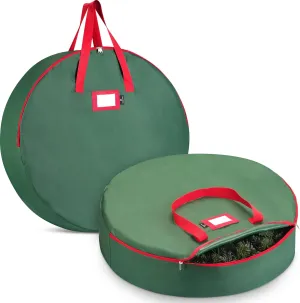 Masirs Christmas Wreath Storage Bag- 2-Pack - Durable Fabric Material, Zippered, Reinforced Handle and Easy to Slip The Wreath in and Out. (Green)