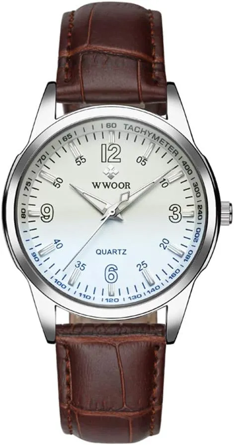 MASTOPMen's Analog Quartz Watch Brown White Leather Waterproof Classic Vintage Gents Dress Wristwatch
