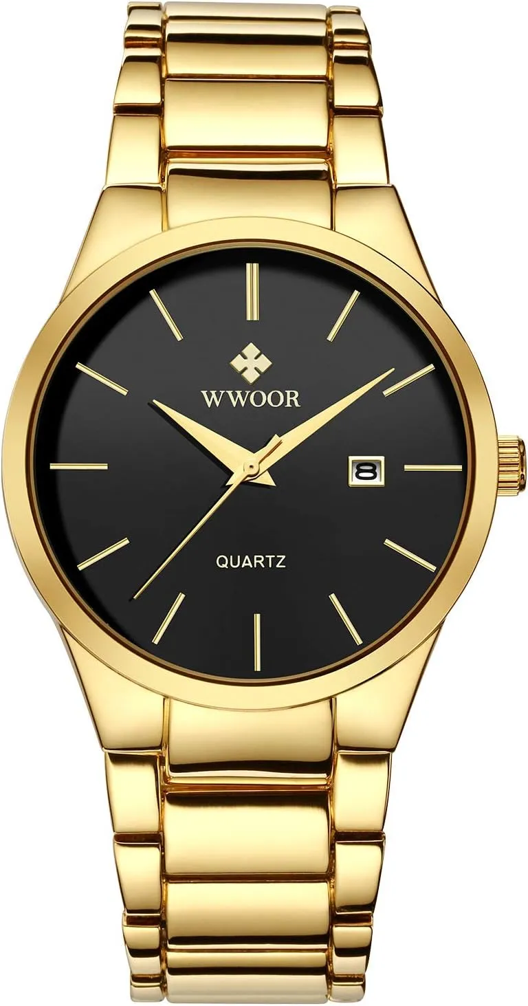 MASTOPMens Watches Stainless Steel Waterproof Business Classic Analog Quartz Date Watches (Gold Black)