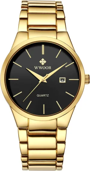 MASTOPMens Watches Stainless Steel Waterproof Business Classic Analog Quartz Date Watches (Gold Black)