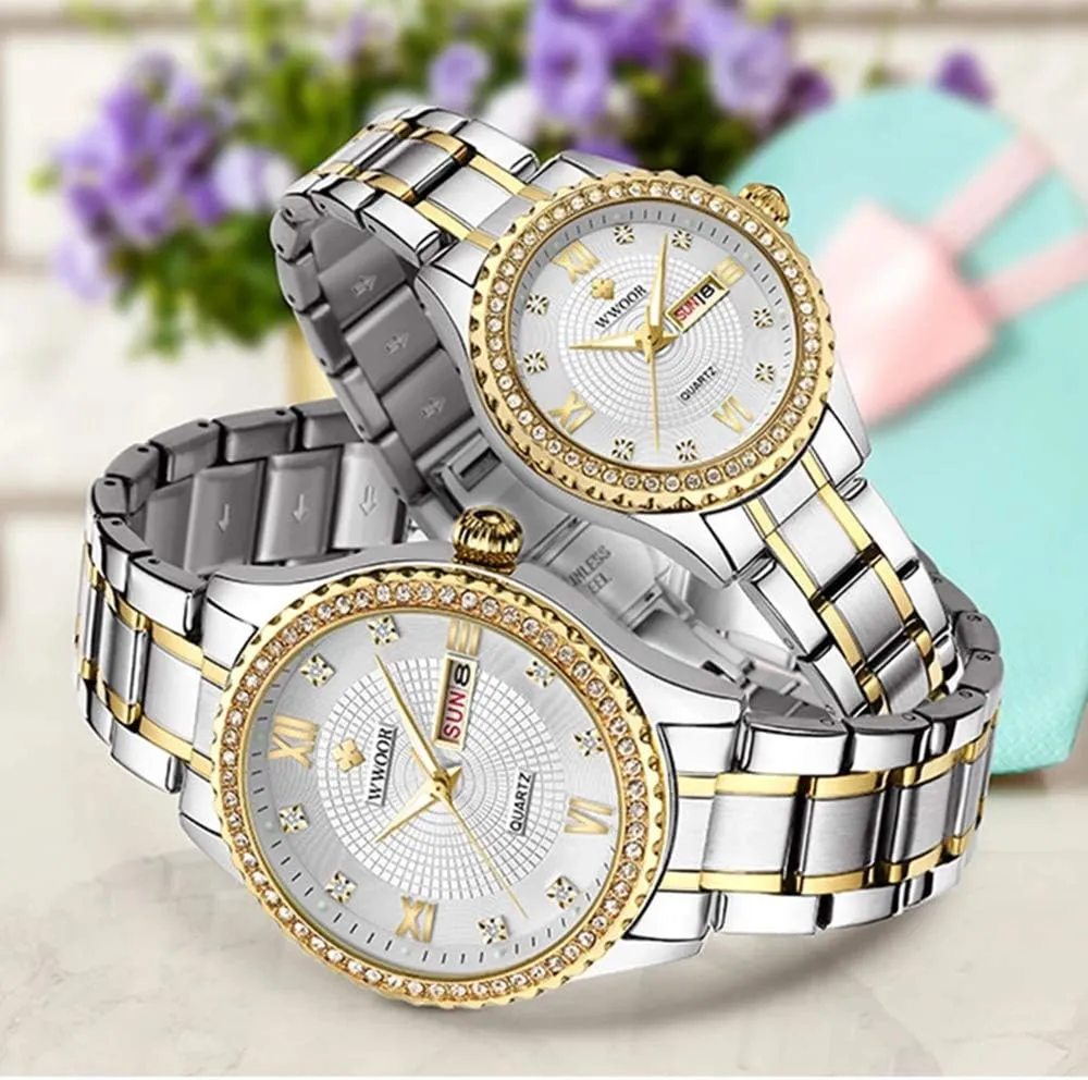 MASTOPRomantic Gifts Set of 2 Unique His and Hers Couple Lovers Wrist Watches, Stainless Steel Quartz Analog Watch