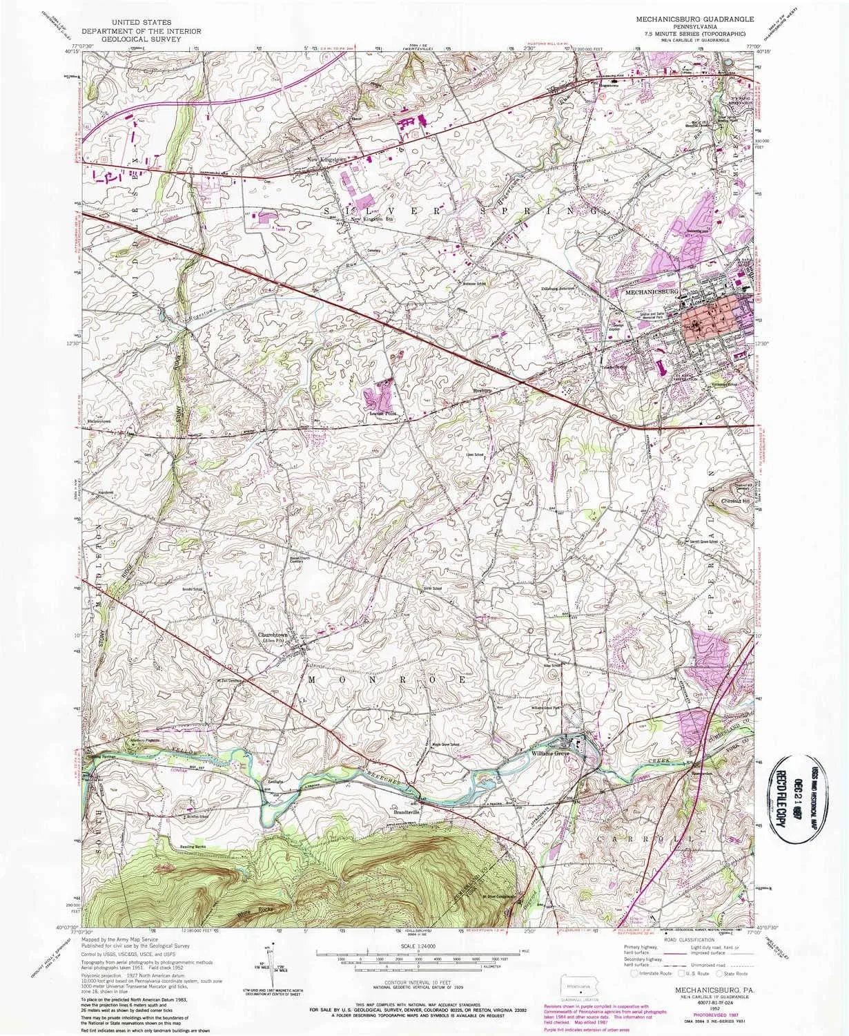 Mechanicsburg PA topo map, 1:24000 Scale, 7.5 X 7.5 Minute, Historical, 1952, Updated 1987, 26.8 x 22 in