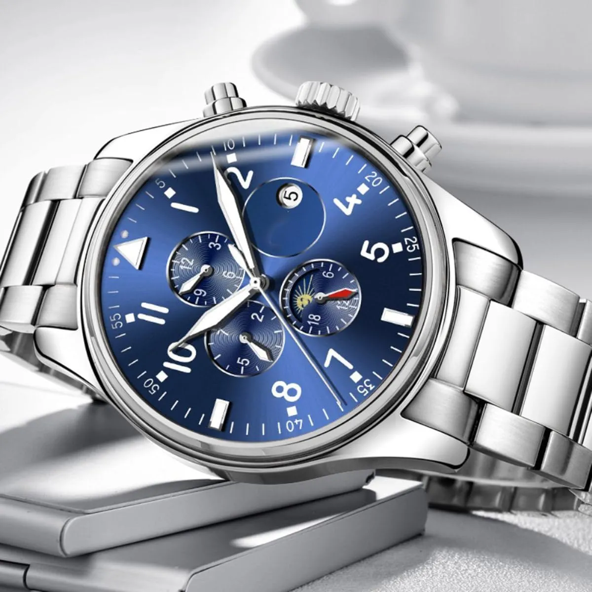 Men's Automatic Self Winding Watches Luxury Dress Chronograph Stainless Steel Watch Waterproof Mechanical Watch