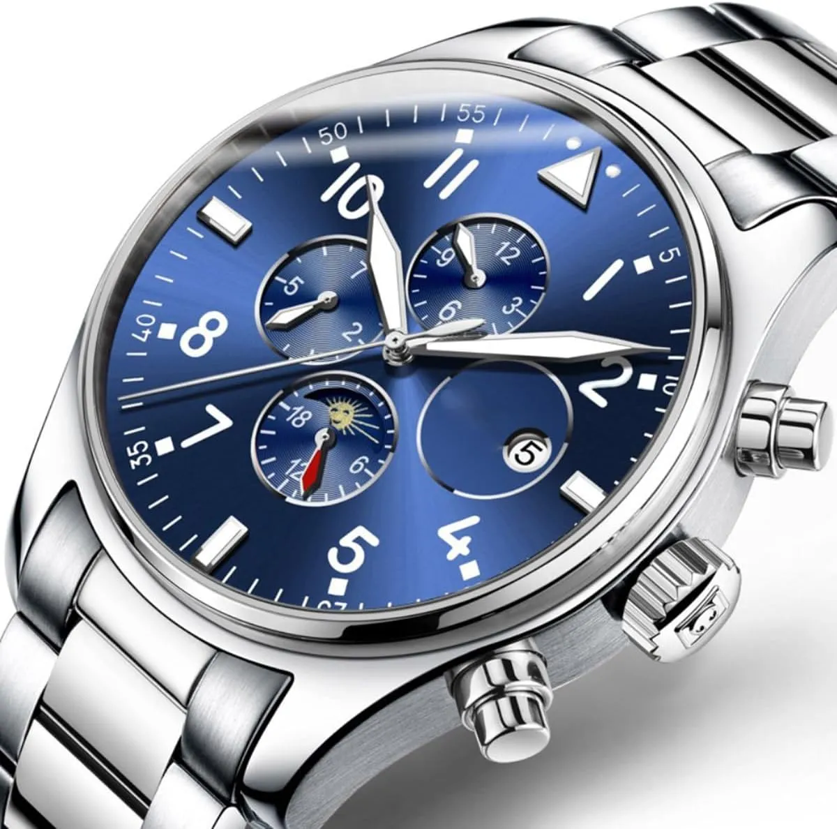 Men's Automatic Self Winding Watches Luxury Dress Chronograph Stainless Steel Watch Waterproof Mechanical Watch
