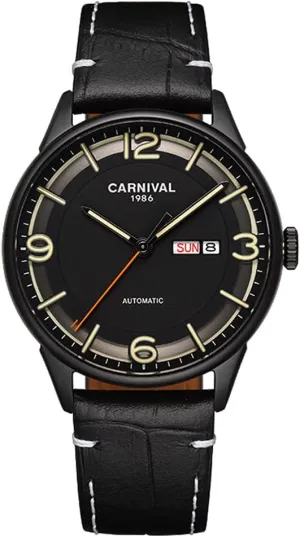 Mens Automatic Watch Day Date Luminous Waterproof Mechanical Watch (Black)