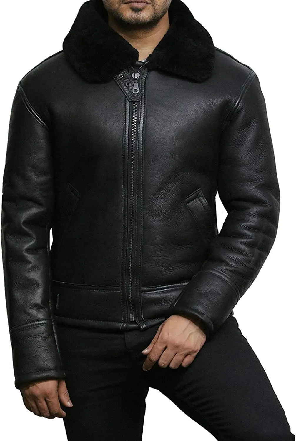 Mens Aviator Real Shearling Sheepskin Leather Bomber Flying Jacket for Men