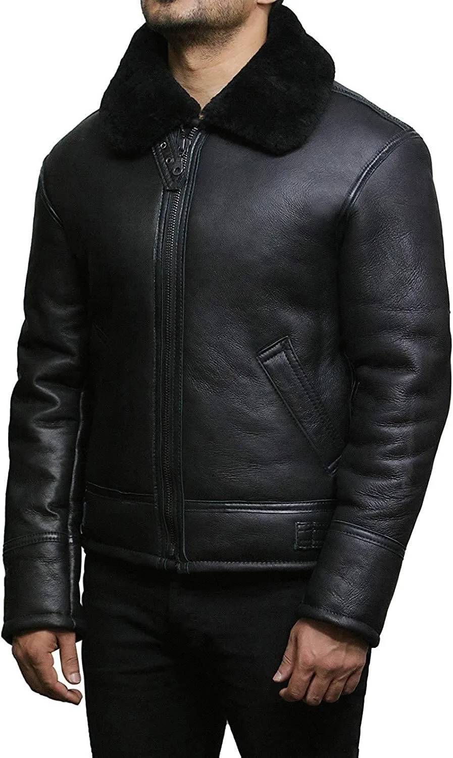 Mens Aviator Real Shearling Sheepskin Leather Bomber Flying Jacket for Men
