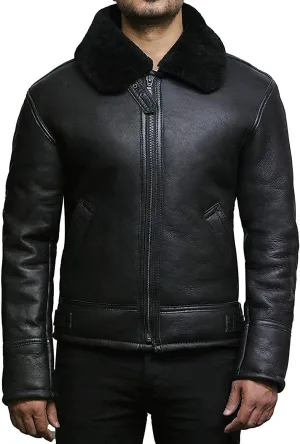 Mens Aviator Real Shearling Sheepskin Leather Bomber Flying Jacket for Men