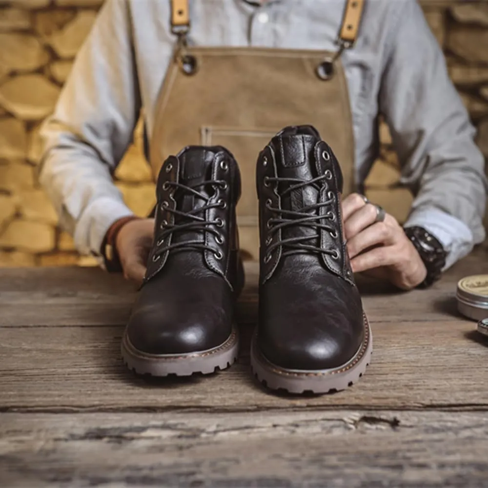 Mens Black Boots Platform Lace Up Motorcycle Boots PU Leather Combat Boots for Business Casual
