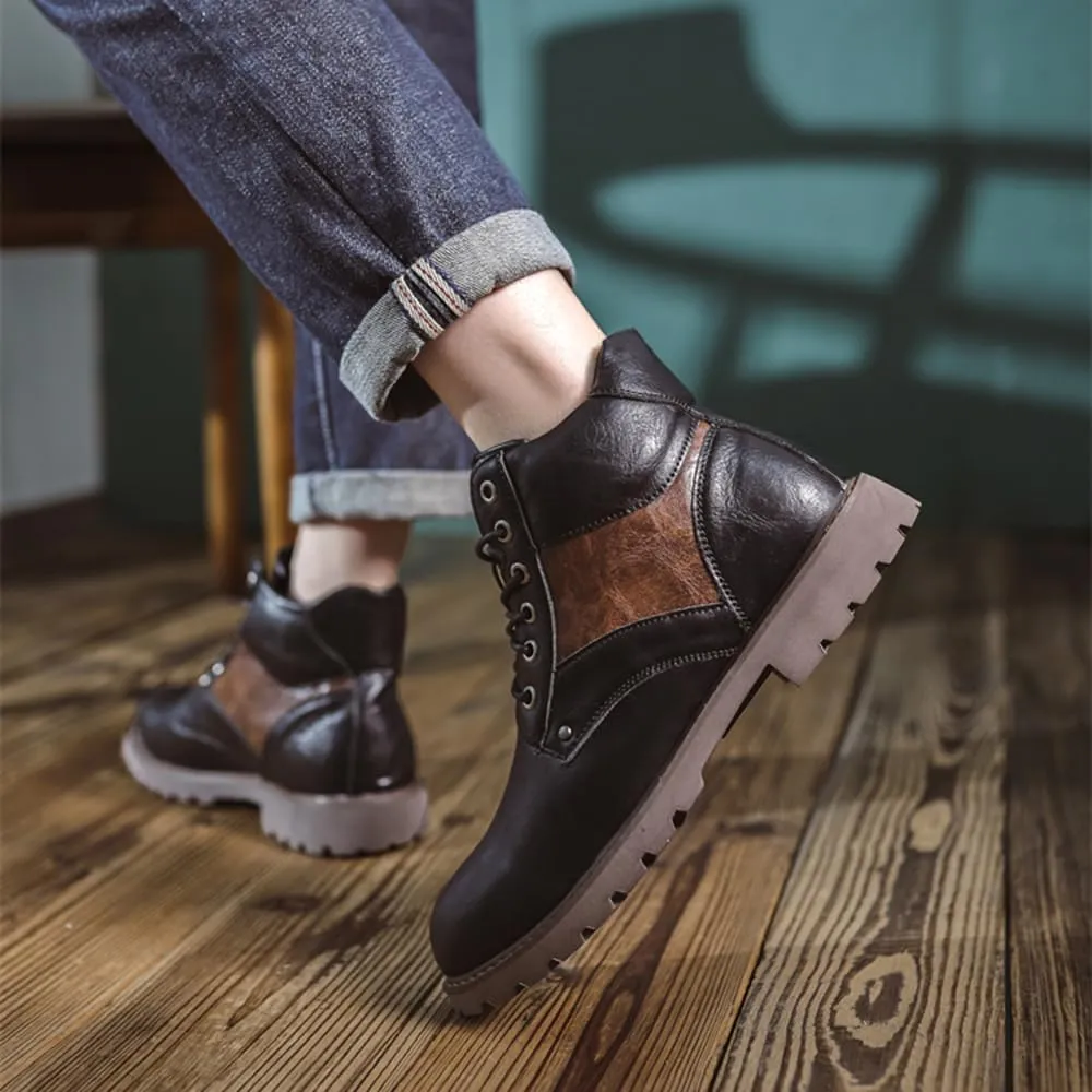 Mens Black Boots Platform Lace Up Motorcycle Boots PU Leather Combat Boots for Business Casual