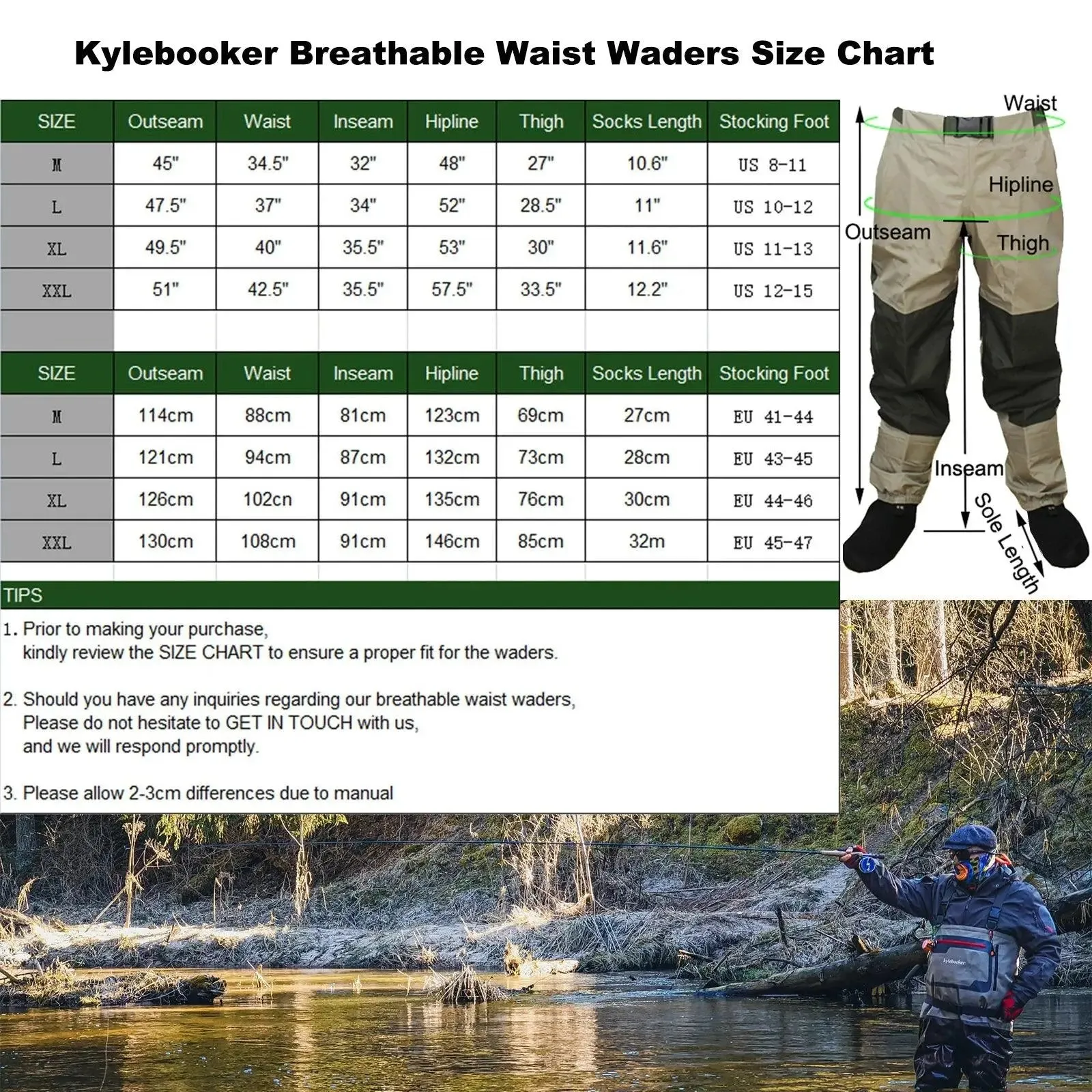 Men's Breathable Waterproof Fly Fishing Waist Waders with Reinforced Knees and Internal Pocket
