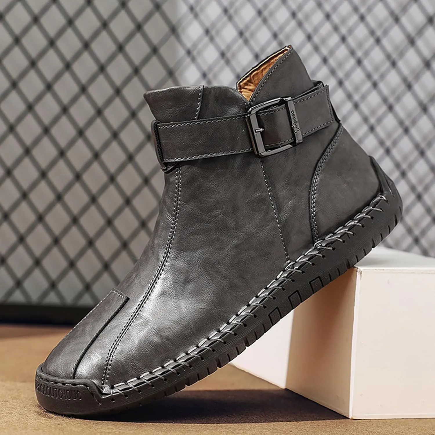 Men's Hand Stitching Side Zipper Chukka Boots Adjustable Buckle Outdoor Slip On Comfortable Mid Top Ankle Boots Lightweight Walking Driving Motorcycle Booties