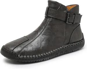 Men's Hand Stitching Side Zipper Chukka Boots Adjustable Buckle Outdoor Slip On Comfortable Mid Top Ankle Boots Lightweight Walking Driving Motorcycle Booties