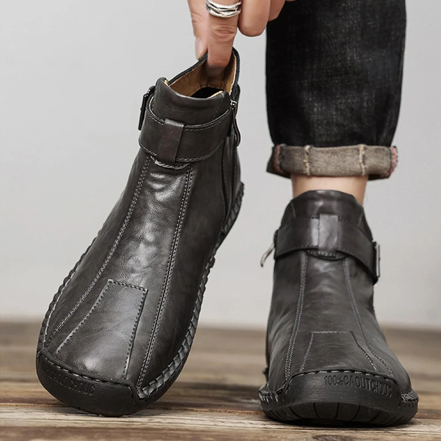Men's Hand Stitching Side Zipper Chukka Boots Adjustable Buckle Outdoor Slip On Comfortable Mid Top Ankle Boots Lightweight Walking Driving Motorcycle Booties