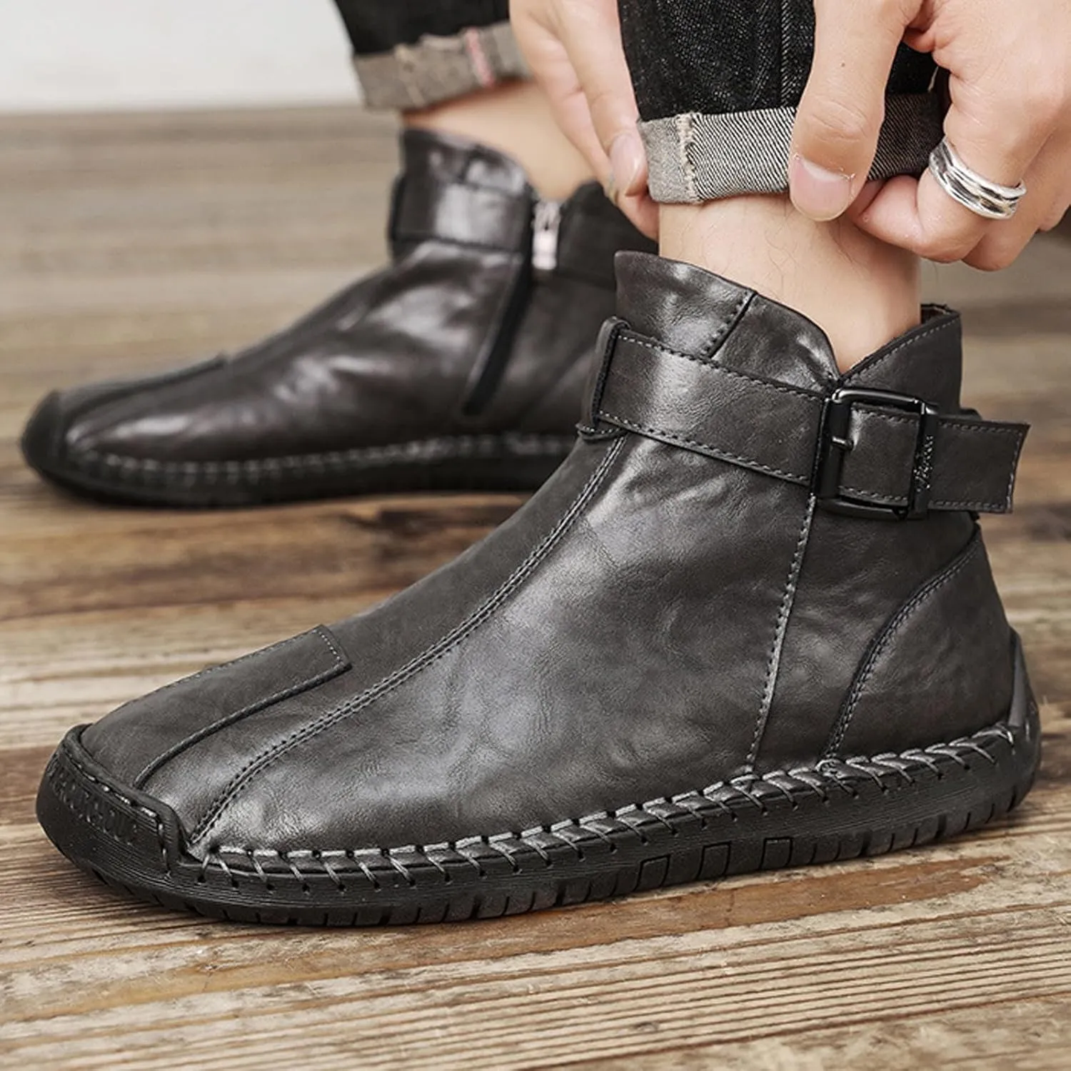 Men's Hand Stitching Side Zipper Chukka Boots Adjustable Buckle Outdoor Slip On Comfortable Mid Top Ankle Boots Lightweight Walking Driving Motorcycle Booties