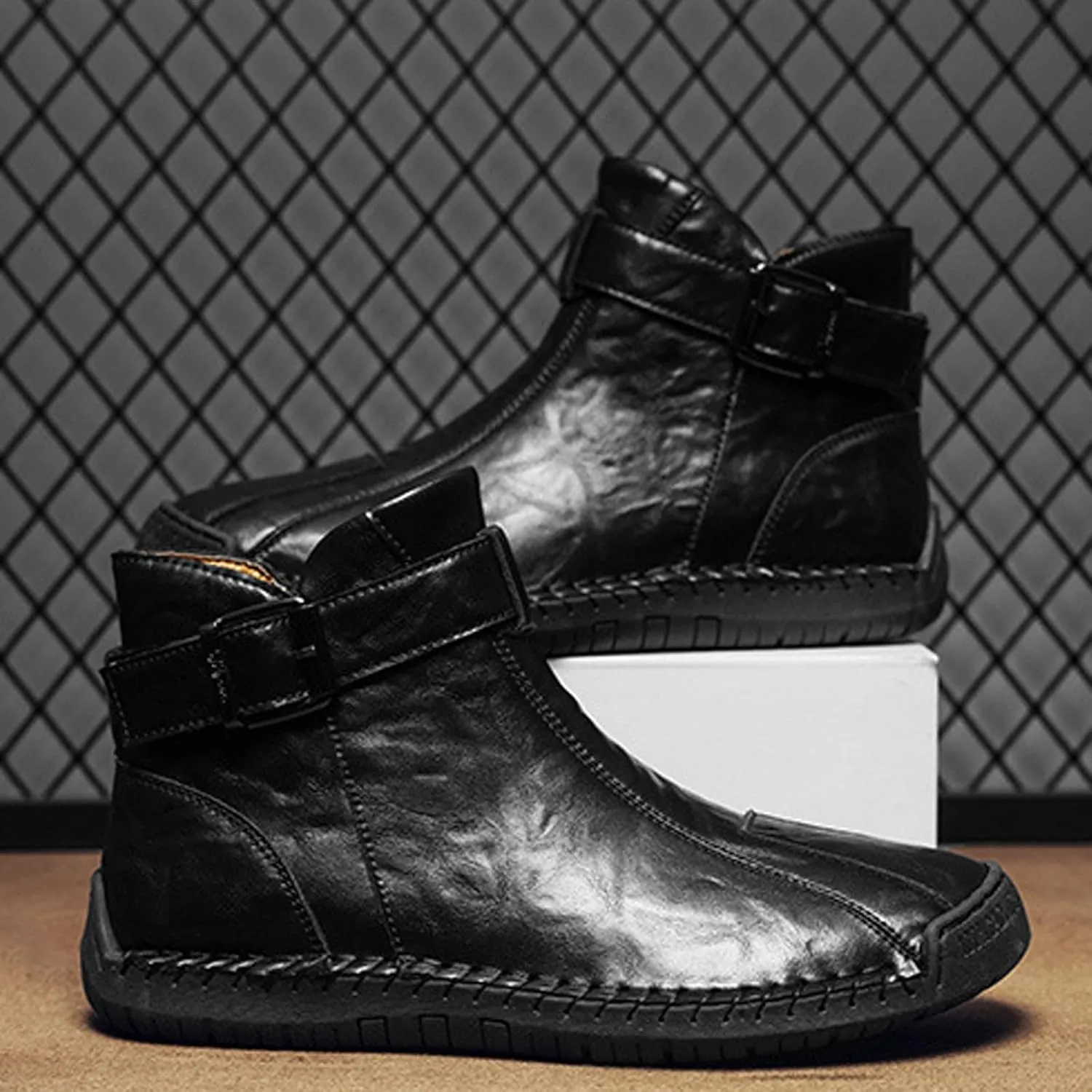 Men's Hand Stitching Side Zipper Chukka Boots Adjustable Buckle Outdoor Slip On Comfortable Mid Top Ankle Boots Lightweight Walking Driving Motorcycle Booties