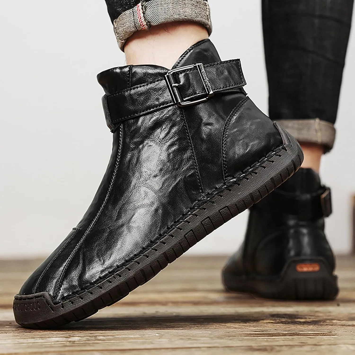 Men's Hand Stitching Side Zipper Chukka Boots Adjustable Buckle Outdoor Slip On Comfortable Mid Top Ankle Boots Lightweight Walking Driving Motorcycle Booties