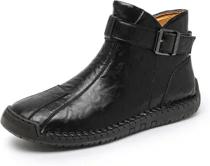 Men's Hand Stitching Side Zipper Chukka Boots Adjustable Buckle Outdoor Slip On Comfortable Mid Top Ankle Boots Lightweight Walking Driving Motorcycle Booties