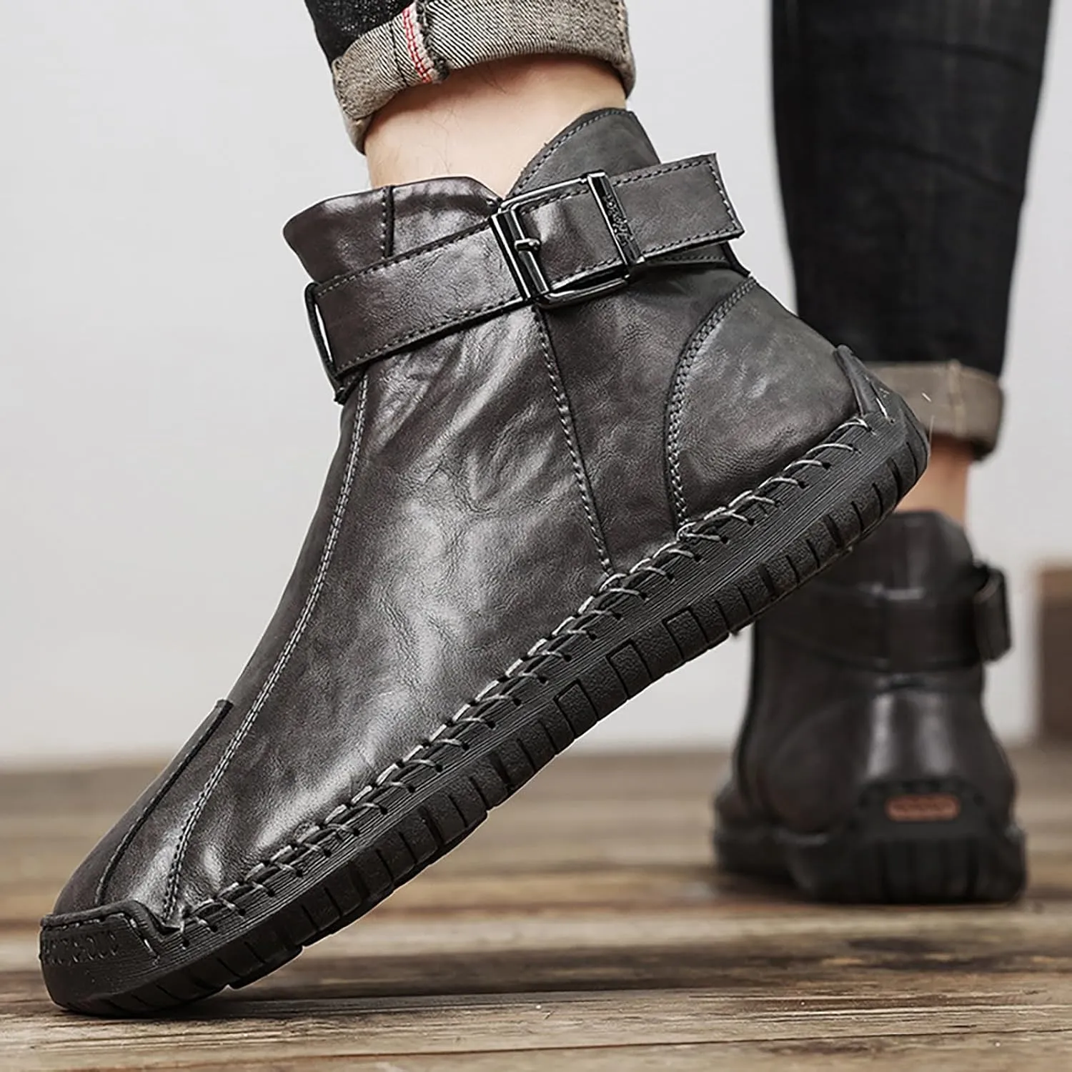Men's Hand Stitching Side Zipper Chukka Boots Adjustable Buckle Outdoor Slip On Comfortable Mid Top Ankle Boots Lightweight Walking Driving Motorcycle Booties