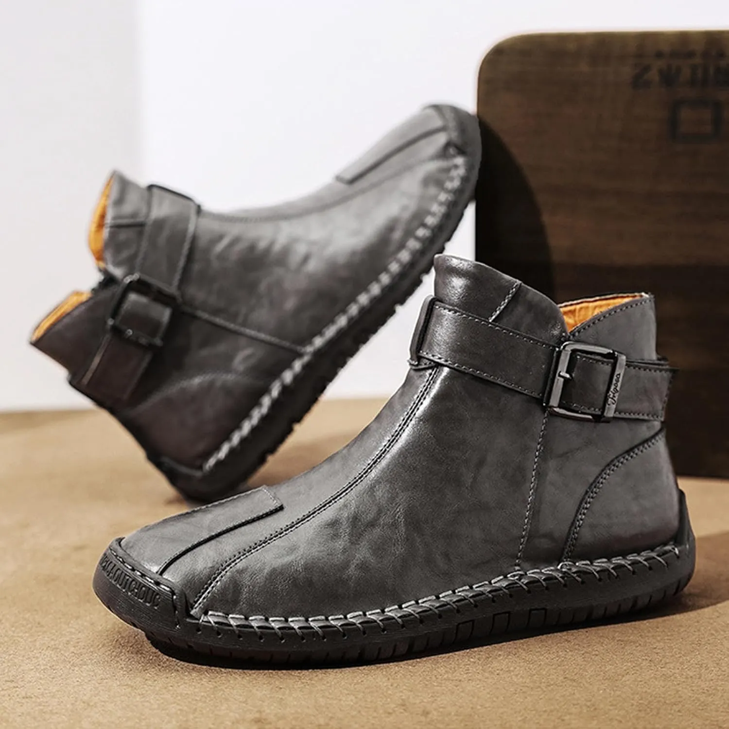 Men's Hand Stitching Side Zipper Chukka Boots Adjustable Buckle Outdoor Slip On Comfortable Mid Top Ankle Boots Lightweight Walking Driving Motorcycle Booties