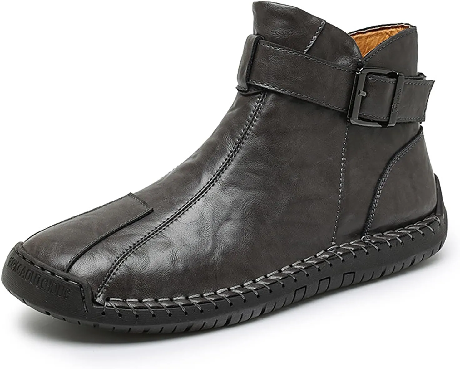 Men's Hand Stitching Side Zipper Chukka Boots Adjustable Buckle Outdoor Slip On Comfortable Mid Top Ankle Boots Lightweight Walking Driving Motorcycle Booties