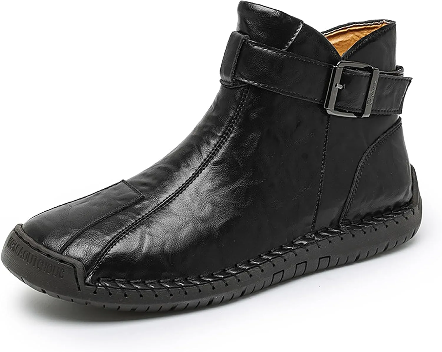 Men's Hand Stitching Side Zipper Chukka Boots Adjustable Buckle Outdoor Slip On Comfortable Mid Top Ankle Boots Lightweight Walking Driving Motorcycle Booties