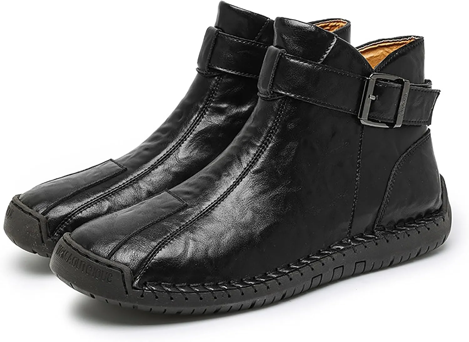 Men's Hand Stitching Side Zipper Chukka Boots Adjustable Buckle Outdoor Slip On Comfortable Mid Top Ankle Boots Lightweight Walking Driving Motorcycle Booties