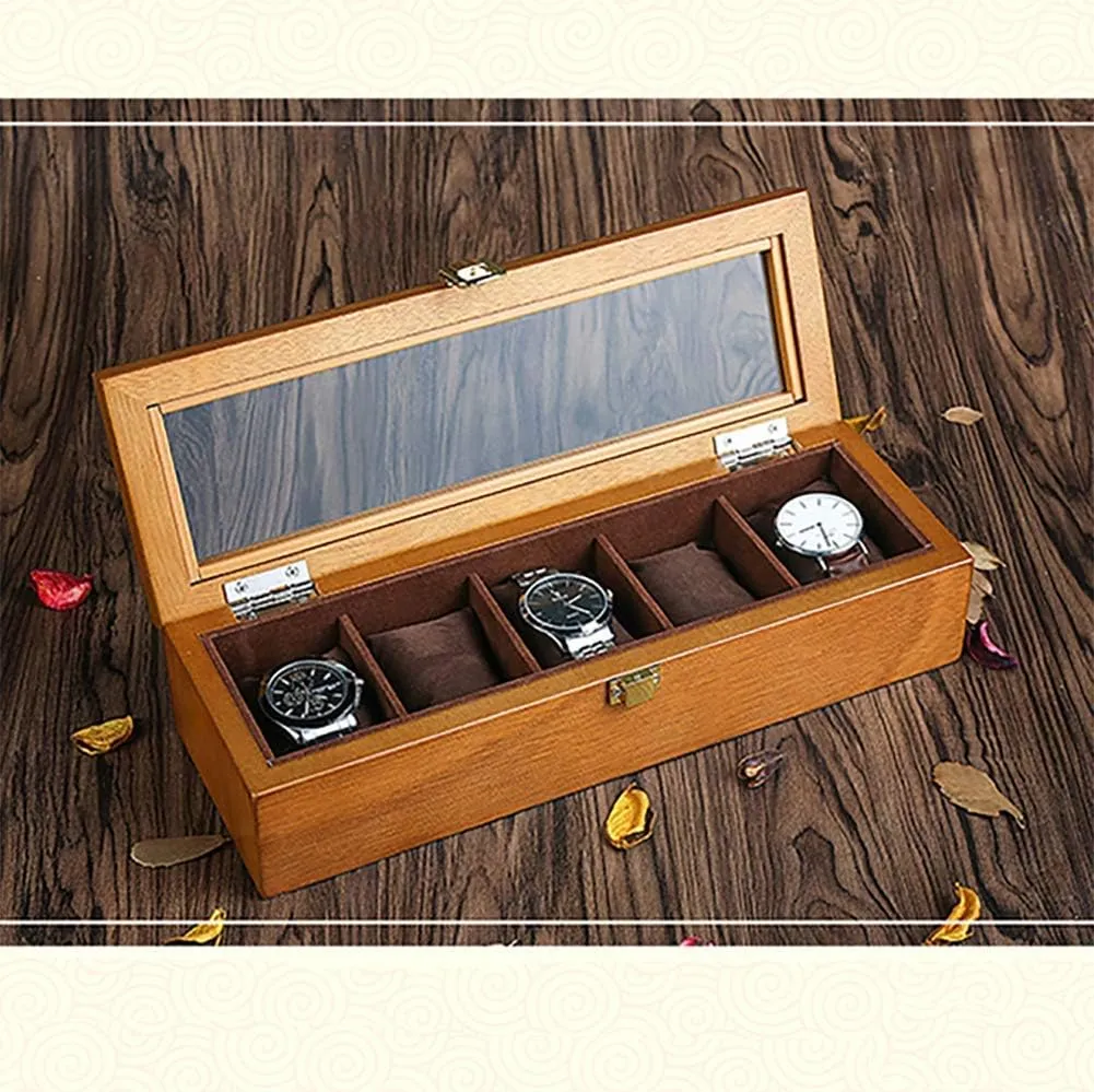 Mens Jewellery Box Travel Watch Box Storage Wood, 5 Grids Watch Jewellery Box Display Organizer with Compartments Transparent Window Removable Pads for Men Women Gift of Love (B) Watch Gift Box