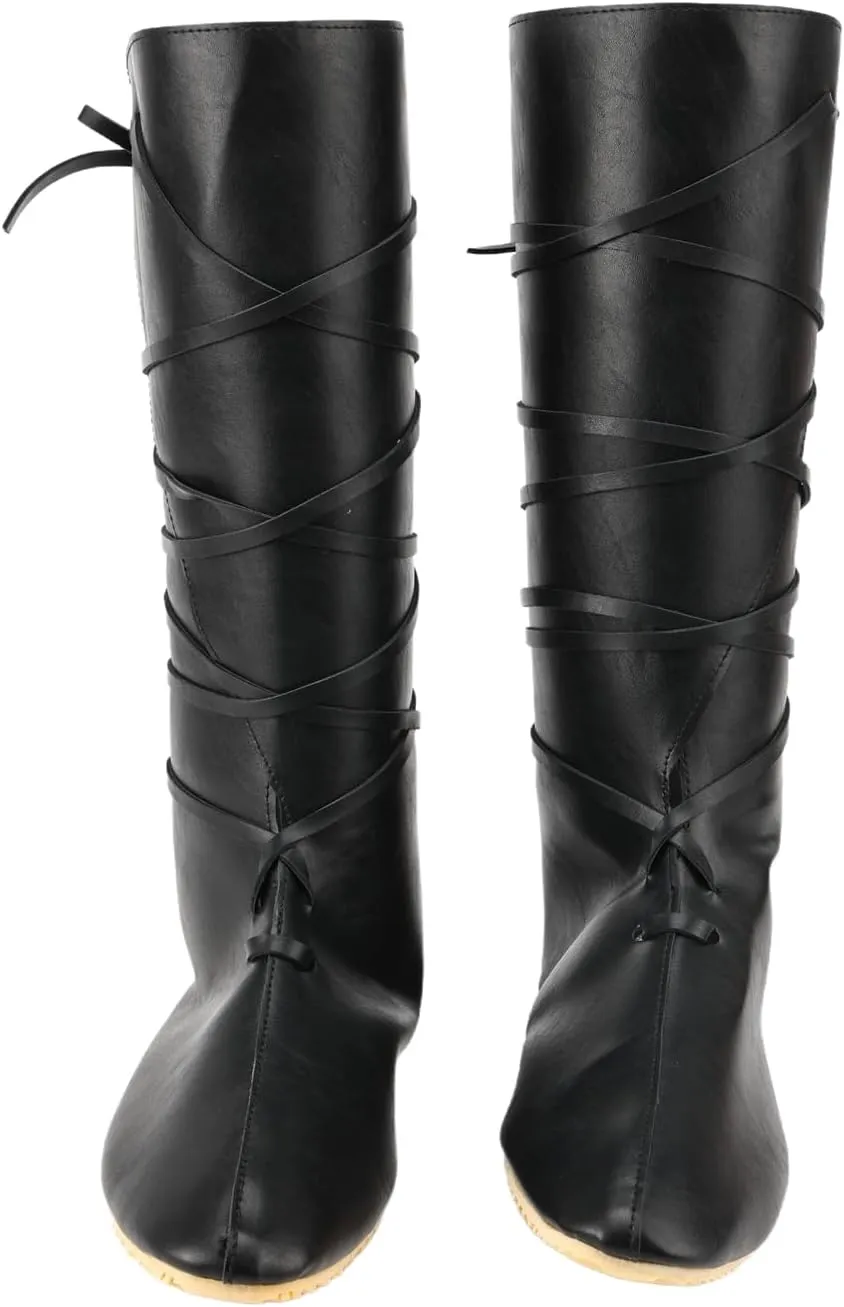 Mens Lace-up Renaissance Boots Viking Gothic Faux Leather Vintage Stage Pirate Tied Shoes for Halloween