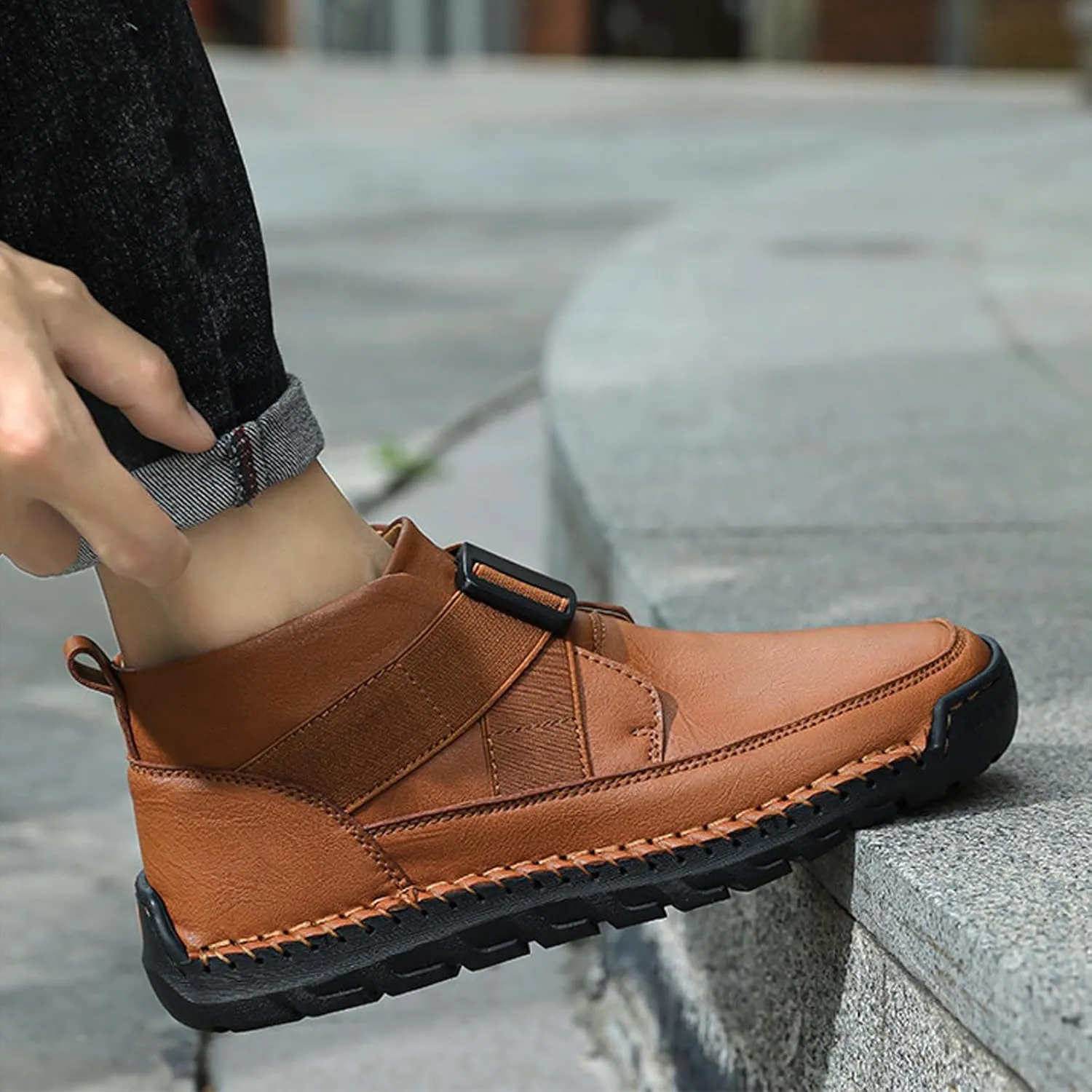 Men's Leather Strap Buckle Slip-On High Top Sneakers Boots Adjustable Fashion Handmade Non-Slip Lightweight Oxford Sneaker Boots Casual Driving Business Dress Boots