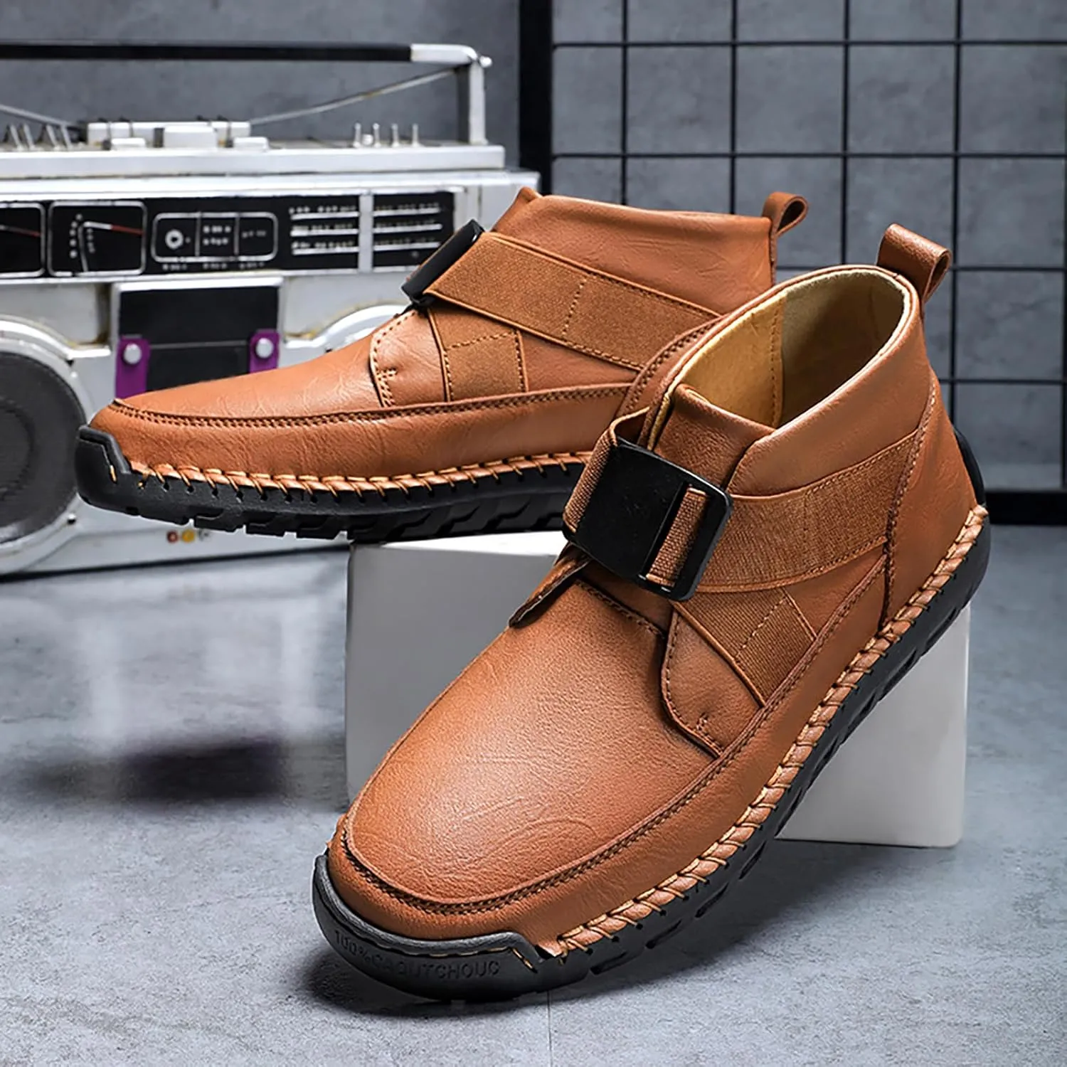 Men's Leather Strap Buckle Slip-On High Top Sneakers Boots Adjustable Fashion Handmade Non-Slip Lightweight Oxford Sneaker Boots Casual Driving Business Dress Boots