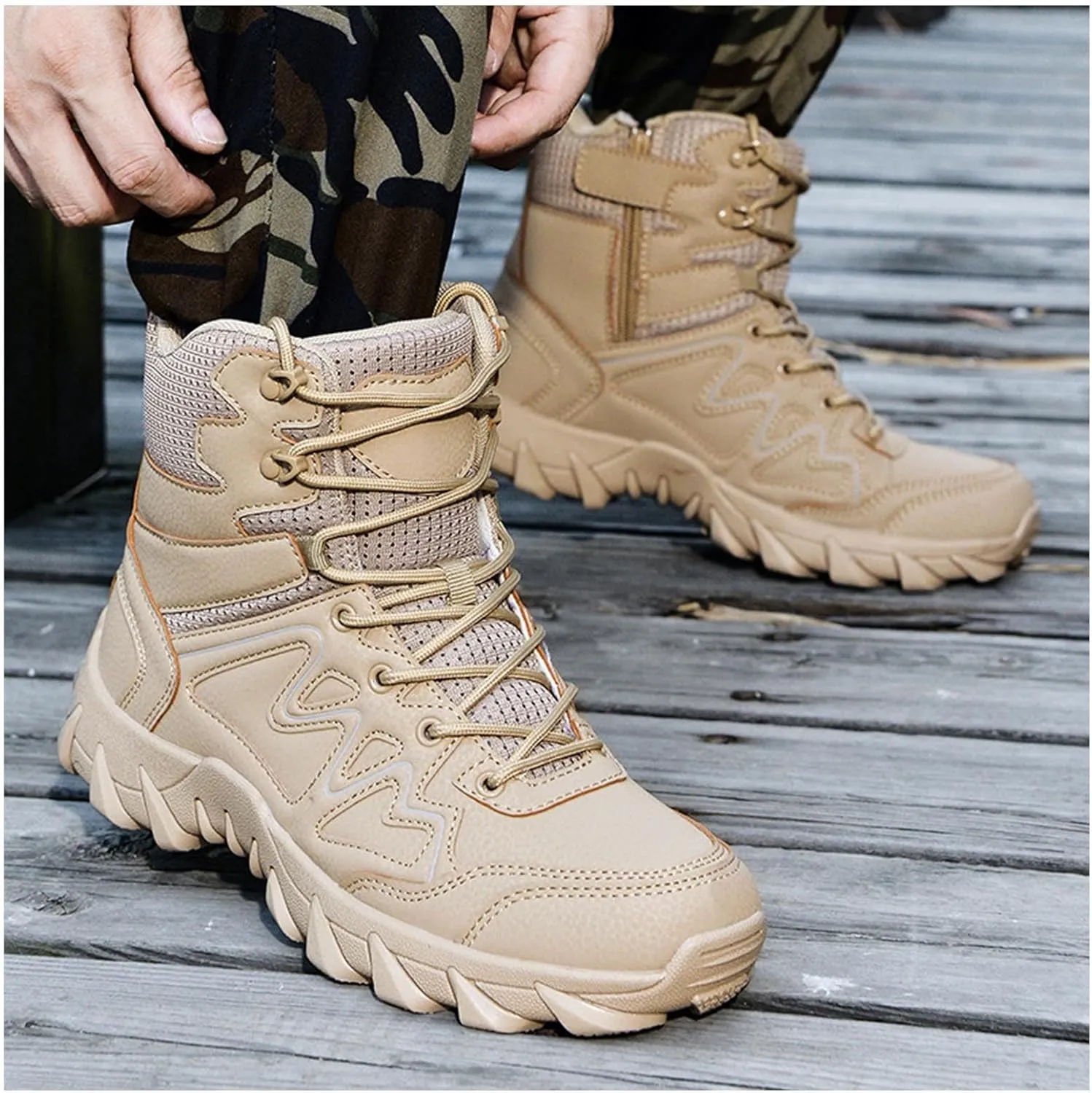 Men's Military Tactical Boots Lightweight 6 Inches Work Boots Leather Side Zip Outdoor Combat Boots