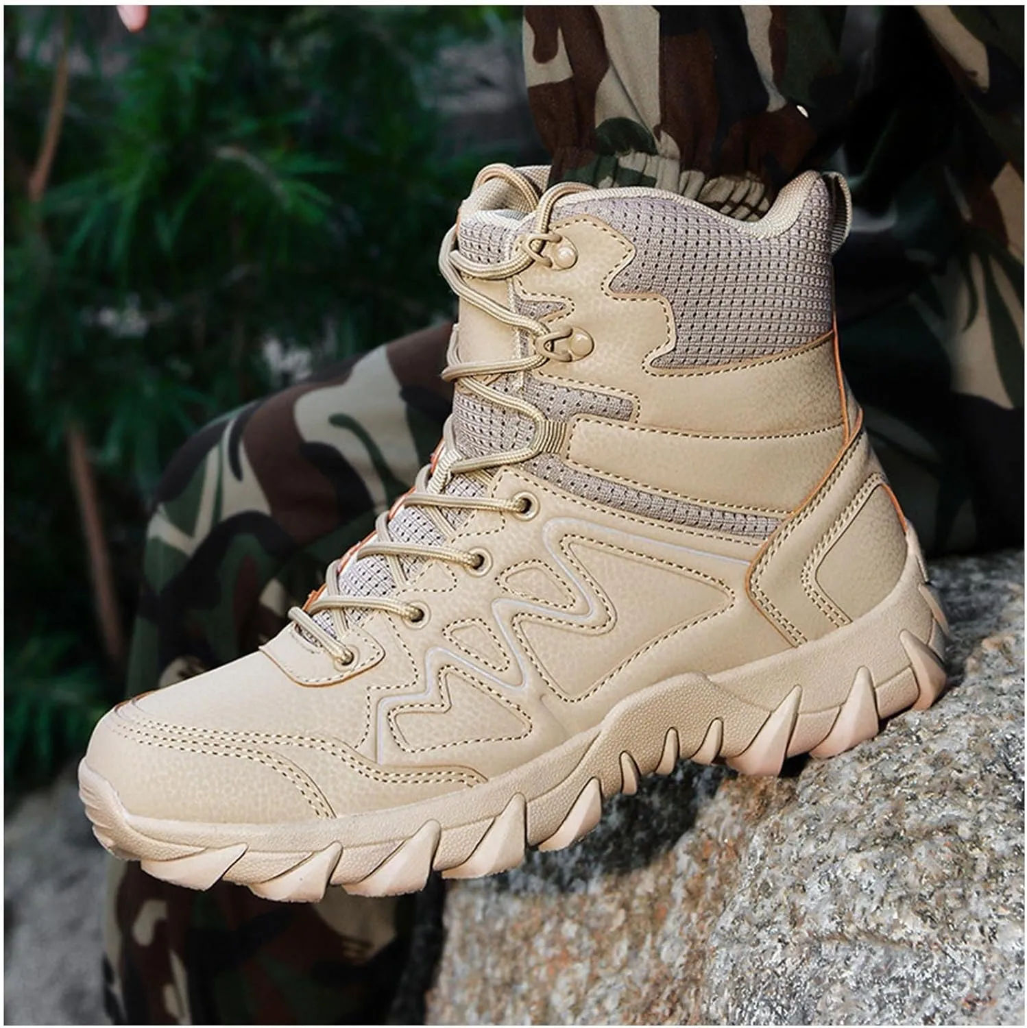 Men's Military Tactical Boots Lightweight 6 Inches Work Boots Leather Side Zip Outdoor Combat Boots